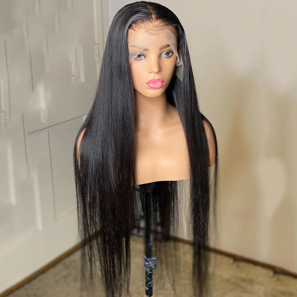 

26Inch Black Long Silky Straight Synthetic Lace Front Wig For Women With Baby Hair Heat Resistant Fiber Hair Wigs 180%Density