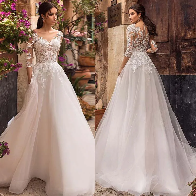 Винтажное кружевное платье трапеция с круглым вырезом и полурукавом|Свадебные