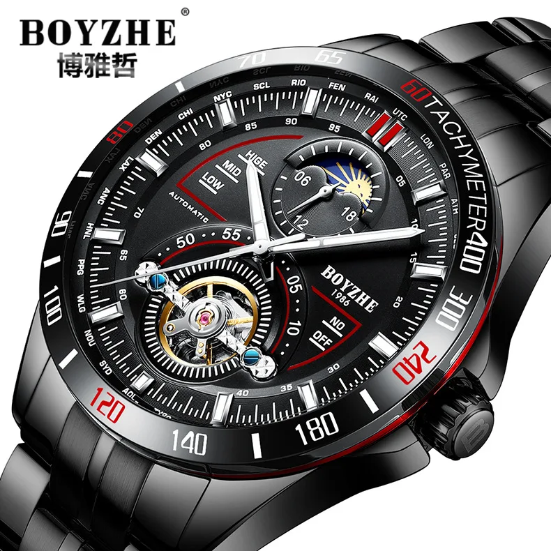 BOYZHE новые автоматические механические часы мужские Tourbillon часы Мужские 316 стальные часы 30 м водонепроницаемые спортивные часы светящиеся - Цвет: Black