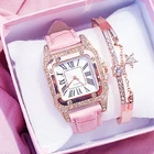 Лидер продаж, женские Кожаные квадратные часы с бриллиантовым браслетом, Дамские Кварцевые наручные часы, женские часы Zegarek Damski
