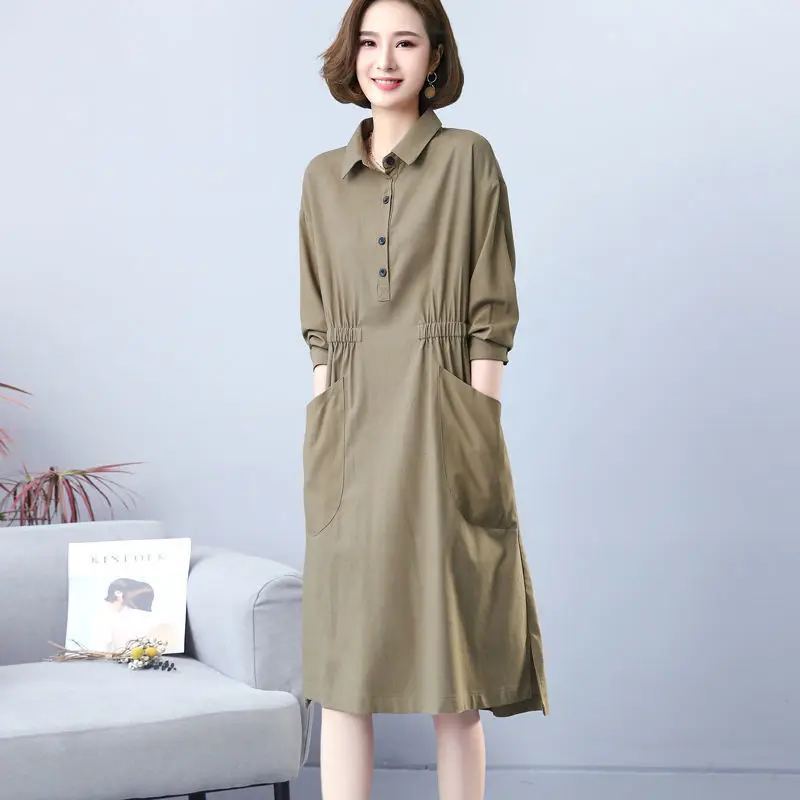 

Elegant Women Maxi Shirt Dress Long Sleeve Vintage Office Lady Pleated Dresses Chic Korean Spring Autumn