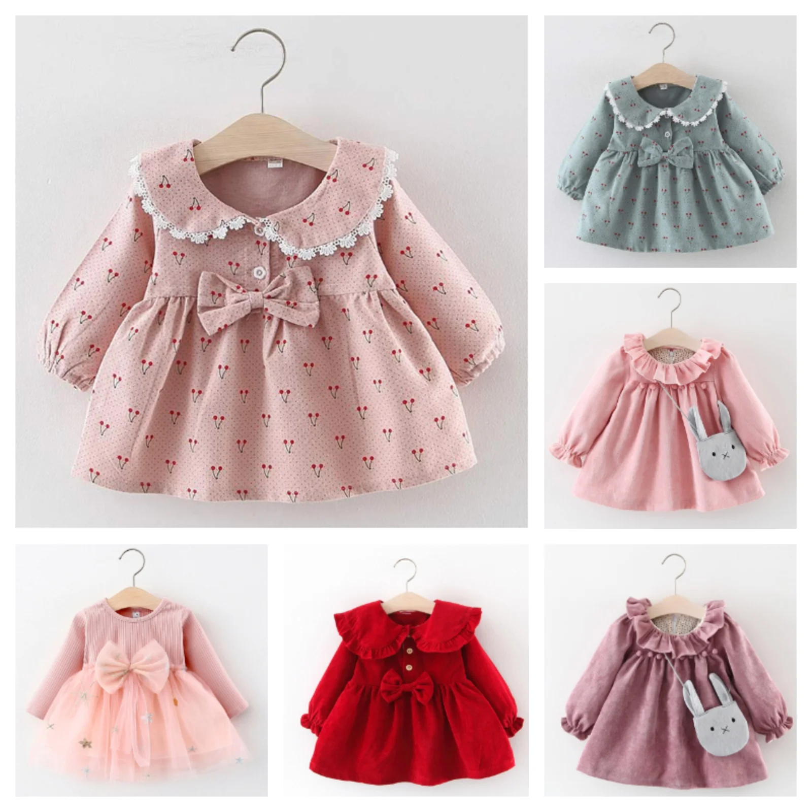 NEW Newborn Infant Baby Girls Kids Autumn Winter Dress Kids Christmas Floral Cherry Dot Cotton Bow Dress Outfits Set Clothes