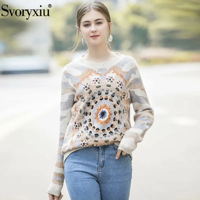 Женский вязаный свитер Svoryxiu разноцветный свободный пуловер с вышивкой и длинным