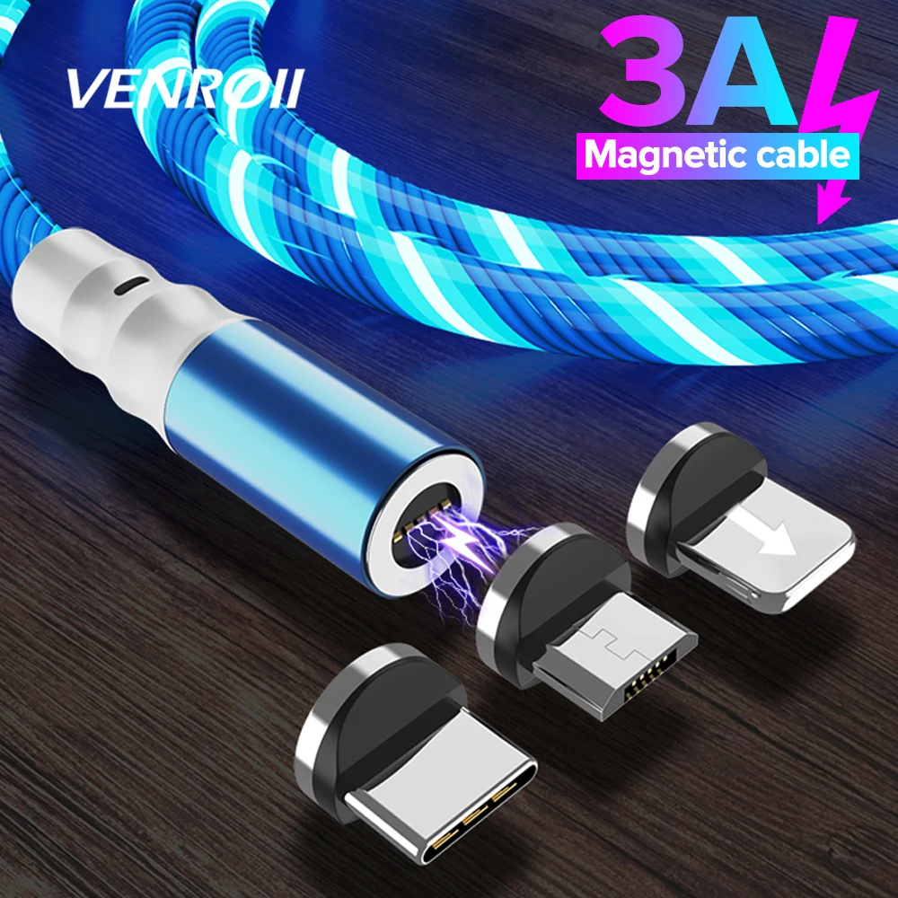 Магнитный кабель Micro USB Venroii светящийся провод для передачи данных Type C Samsung Huawei Honor