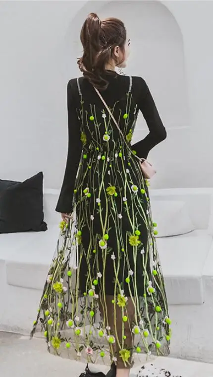 Knitted Dress 2 Piece Set Autumn New Solid Black Sweater Dress and Hairball Appliques Floral embroidery Mesh Sling Dress Sets