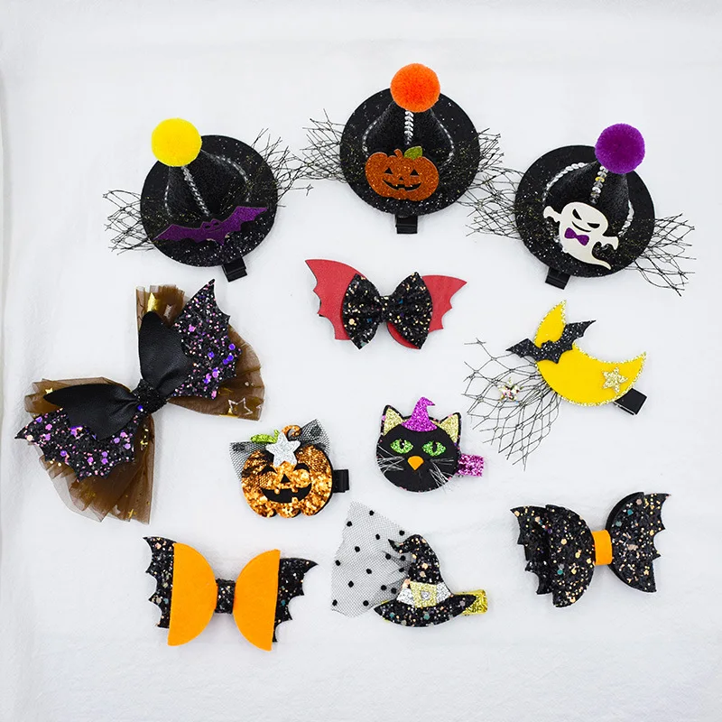 

15pcs Fashion Cute Glitter Bat Ghost Pumpkin Hairpins Pom Pom Hat Hair Clips Halloween Party Headwear Boutique Hair Accessories