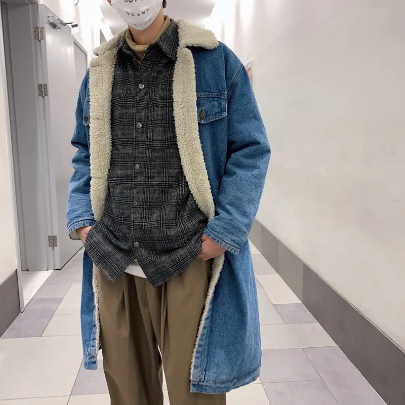 Мужская джинсовая куртка синяя с шерстяной подкладкой Теплый удлиненный