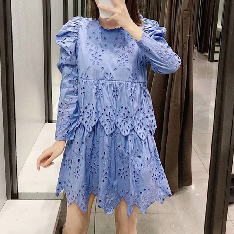 Женское мини-платье с рюшами синее вечернее платье-трапеция длинным рукавом и