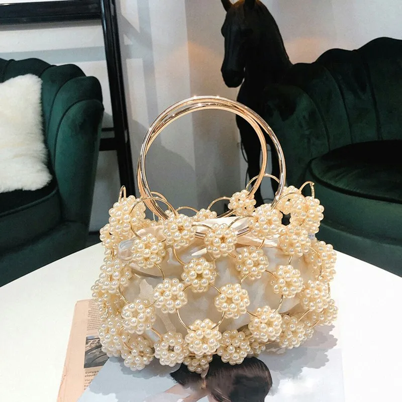 

Out Hollow Ball Pearl Evening Bag Women Handmade Metallic Ring Handle Ladies Beaded Evening Clutch Bag Purse Sling Crossbody Bag