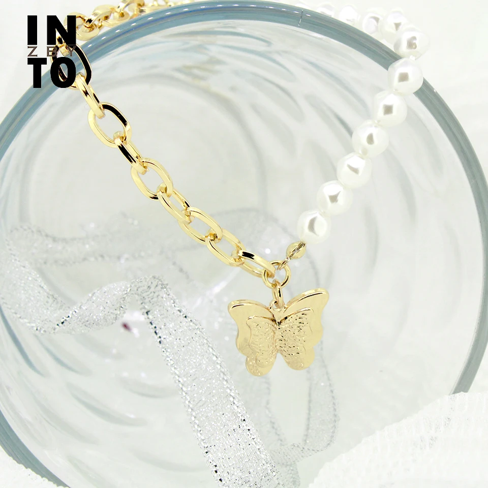 Into zby Elegant Pearl Bracelet Butterfly Charm Link Bracelets for Women Fashion Thick Chunky Wrist Chain Femme 2020 | Украшения и