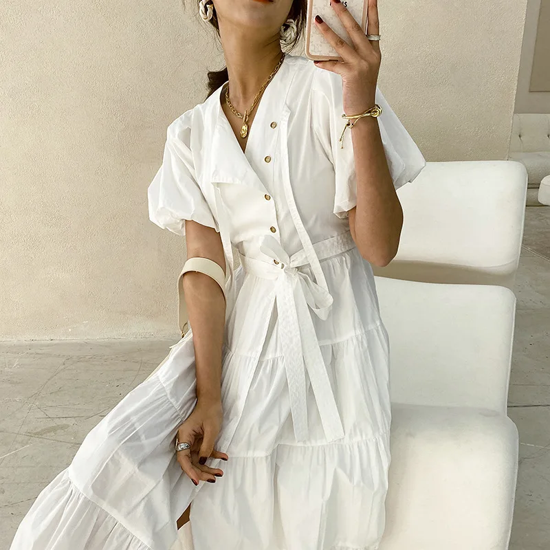 

2021 Summer White Dress Button Up Short Sleeve Elegant Cotton Dress Belt Slim Vintage Holiday Boho Midi Dress Mujer Chic Vestido