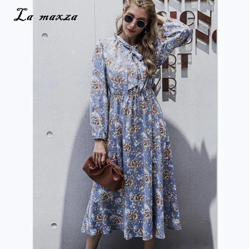 

New Arrival 2020 Women Print Dress Elegant Vintage Bow Lantern Sleeves Slim Long Dresses