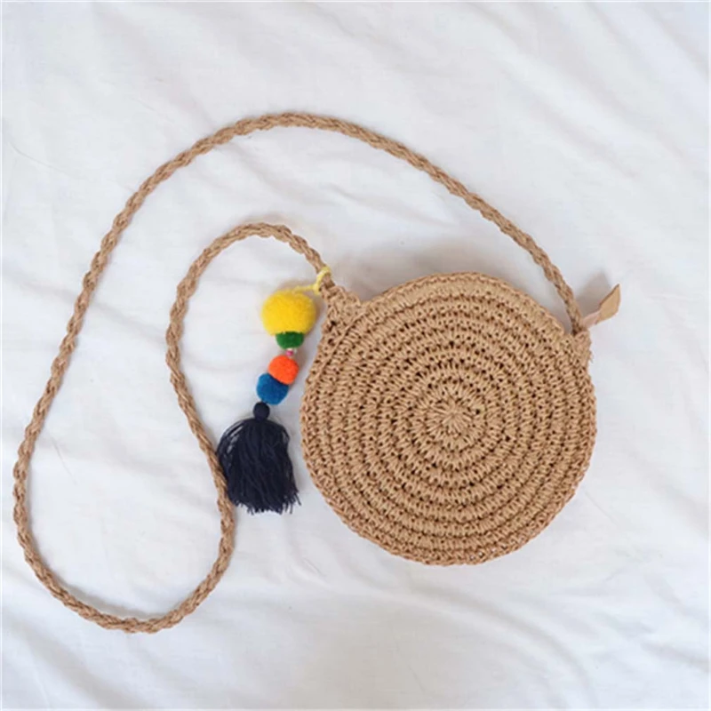 

2019 New Round Women Lady Handmade Knitted Woven Rattan Bags Straw Messenger Beach Bag Girl National Tassels Handbags
