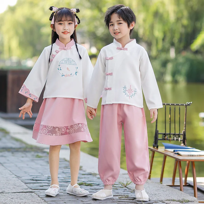 

Boys Chinese National Style Sets Spring T-Shirt+ Pink Pants 2PCS Children Traditional Girls Skirt Clothes Hanfu Retro Costumes