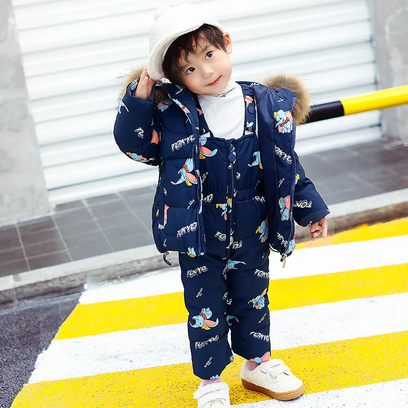 Winter children's down suit Girls pink snow suit Boy ski down suit Baby windproof down jacket+ thick Keep warm down pants