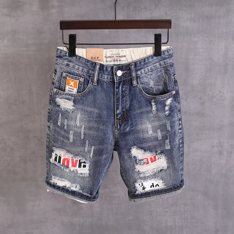 Summer Street Style Fashion Men Jeans Retro Blue Destroyed Patches Designer Ripped Short Jeans Men Hip Hop Punk Denim Shorts