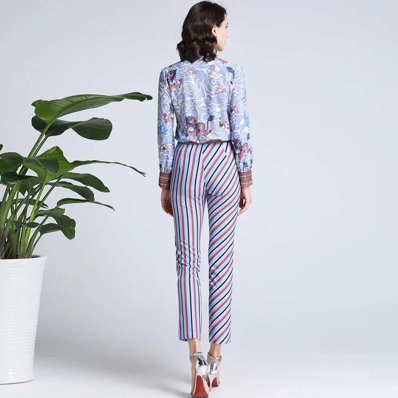 

Commuter Daily Women's Clothing New Print Suit Summer Long Sleeve Collar T-shirt Slim Straight Ankle-Length Pants Pants