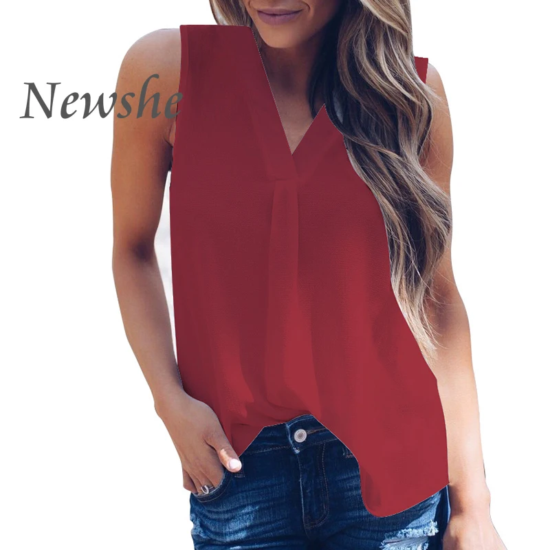 

Женская шифоновая блузка без рукавов, Повседневная однотонная блузка с V-образным вырезом, лето 2021