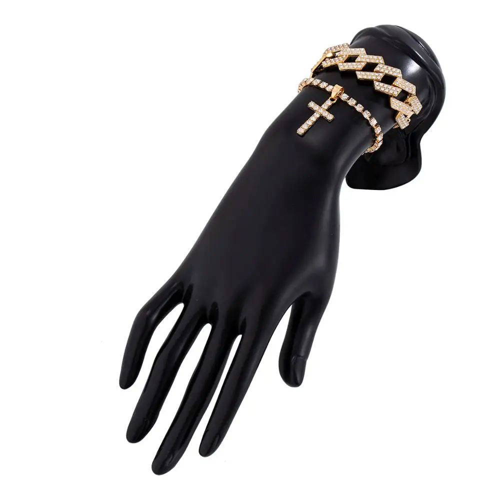 

IngeSight.Z 2Pcs/Set Adjustable Rhinestone Miami Curb Cuban Bracelets Bangles Crystal Cross Pendant Bracelet Wrist Chain Jewelry