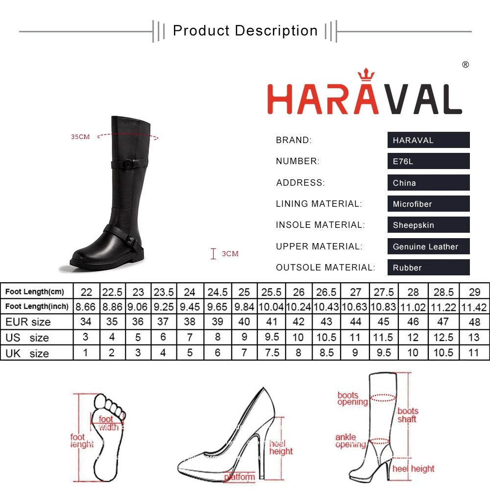 

HARAVAL Women Elegant Knee High boots Lady Classic Black Real Leather Long Boots Soft Round Toe Low Heel Shoes Zipper E76L