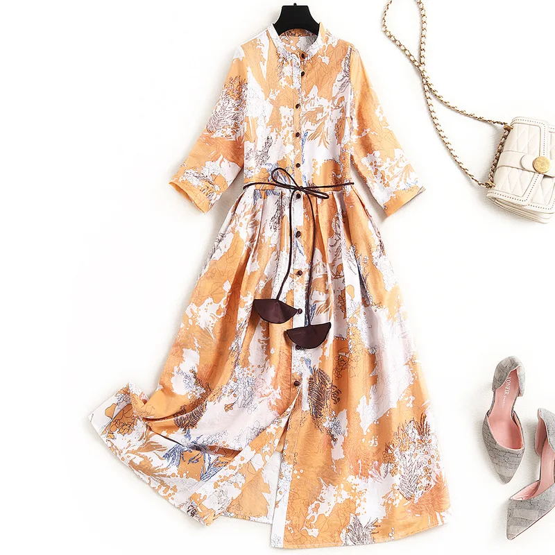 

European fashion design printed acetic acid dress women's 2021 new spring round neck dress 17106
