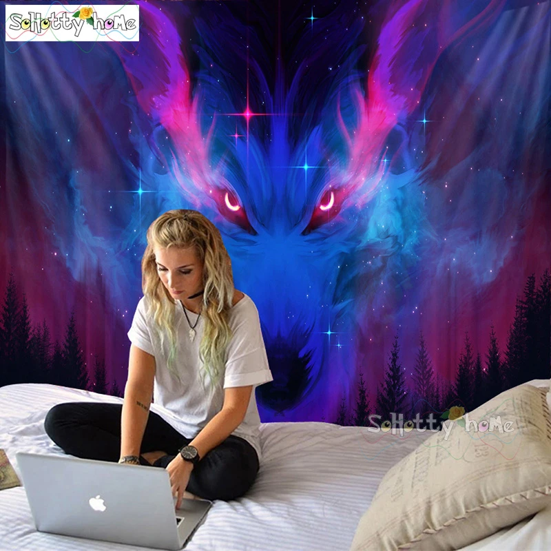 Светящиеся психоделические настенные гобелены волка аниме гобелен Бохо