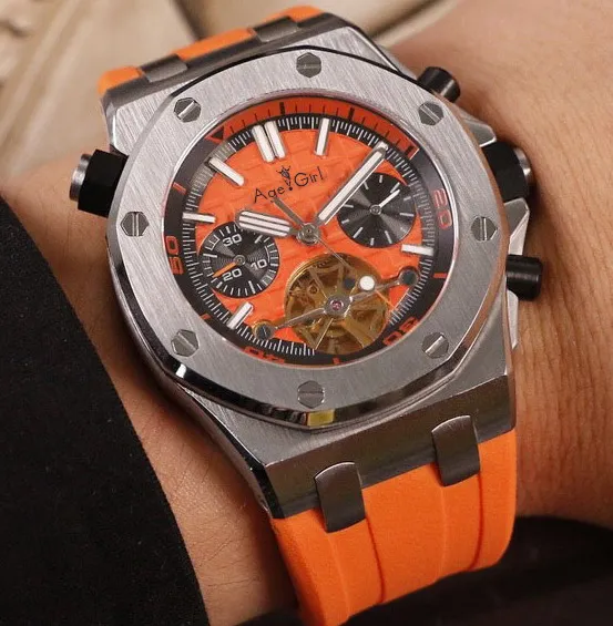 Orange Роскошные брендовые Новые Мужские автоматические механические желтые камуфляжные резиновые синие Черные часы с сапфировым стеклом, наручные часы с турбином - Цвет: Orange