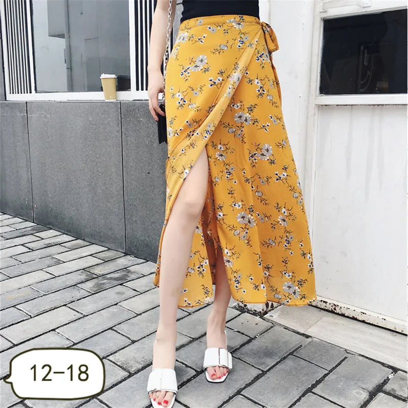 

2020 new Thailand holiday skirt female summer one-piece wrap skirt Chic long Skirts Chiffon Floral lace up beach Skirt b324