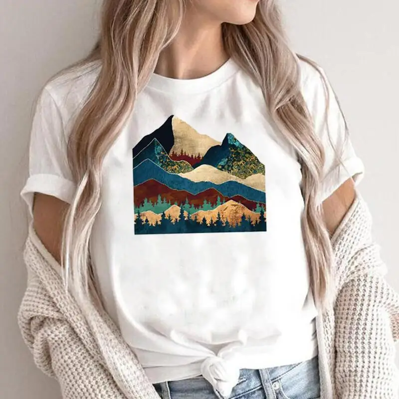 

Летняя футболка с коротким рукавом, женские топы, модная футболка с принтом в виде природного пейзажа, Женская Повседневная рубашка в стиле ...