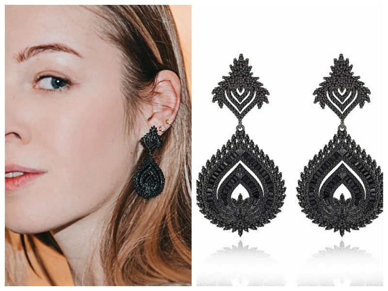 Женские серьги подвески из нержавеющей стали черного цвета с цветком украшенные