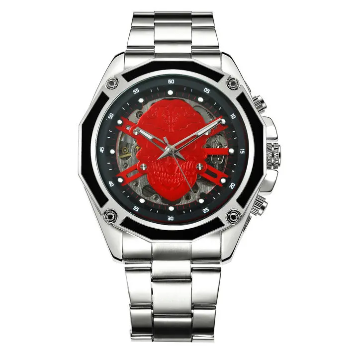 SILVER RED WINNER официальные деловые мужские часы Топ бренд класса люкс автоматические механические мужские часы с изображением скелета циферблат 3D череп наручные часы хип-хоп - Цвет: SILVER RED