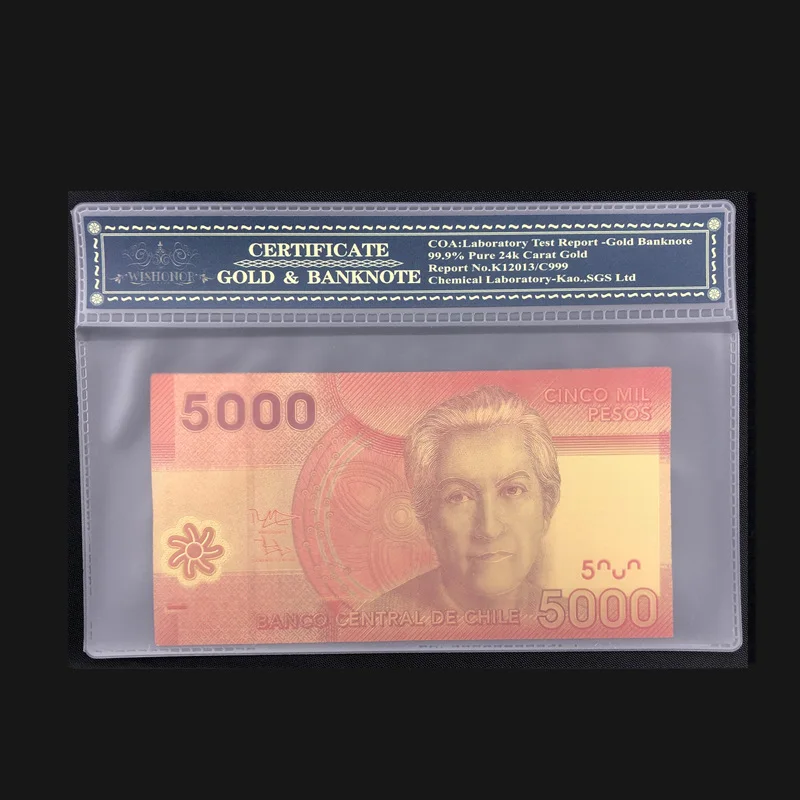 Золотая банкнота цвета чили 5000 песо Банкнота с рамкой COA в 24K поддельные бумажные