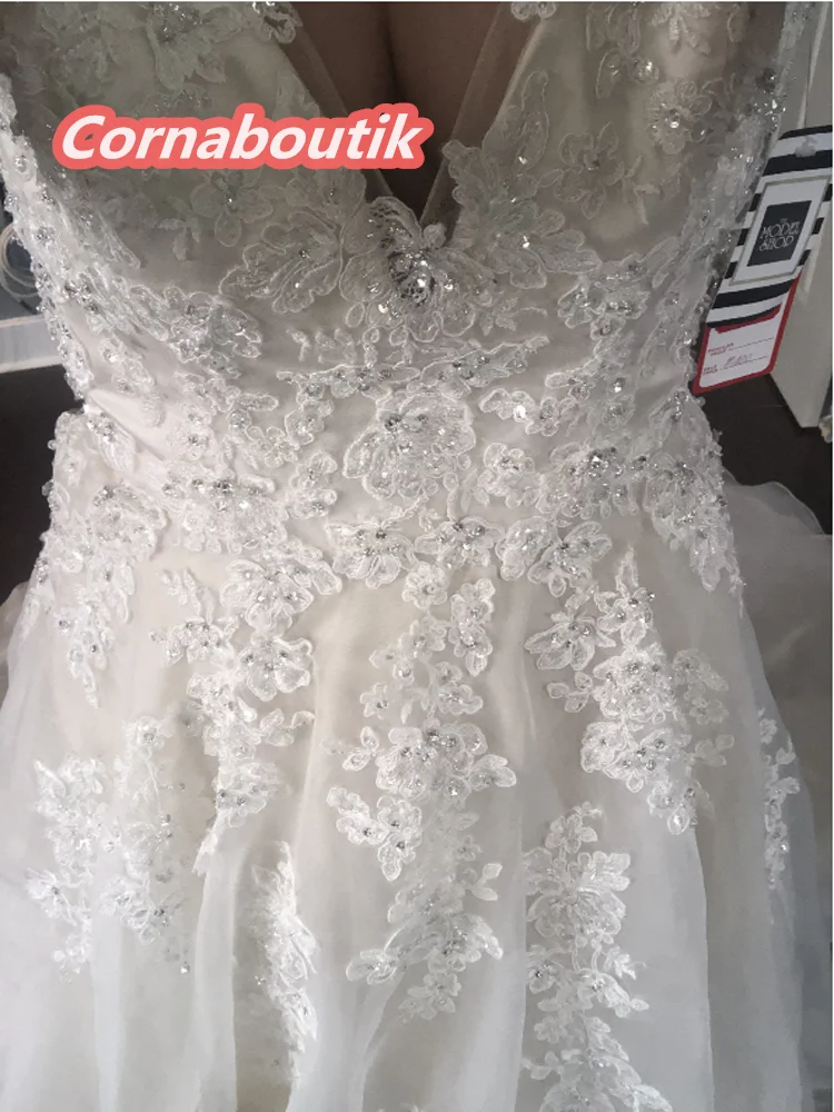 

Real Photos Wedding Dress A Line Bridal Gowns Vestido De Noiva 244 V Neck Keyhole Back Organza Corded lace Appliques Beading