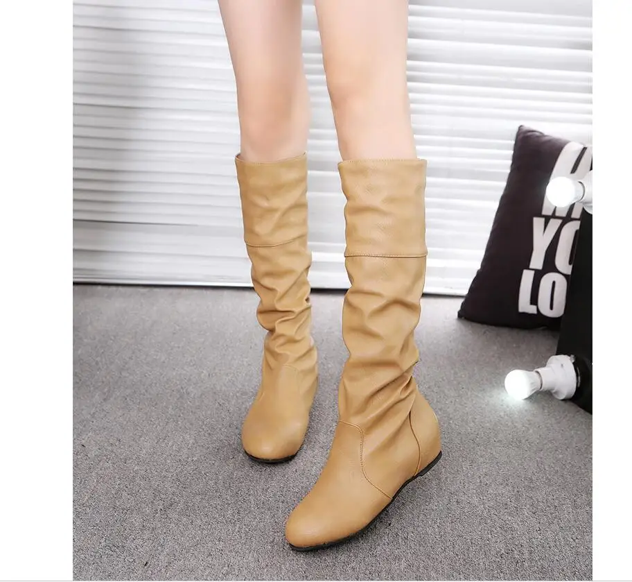 Большие размеры 34-43 г., стильные женские сапоги плиссированное платье яркого цвета, высокие теплые повседневные кожаные сапоги