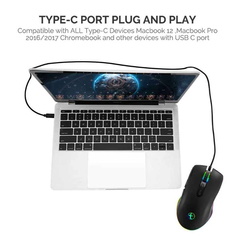 

Type C Wired Mouse Optical Gaming USB C Mouse RGB LED Backlight for Laptop PC