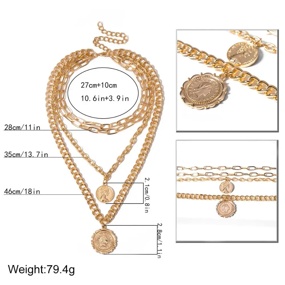 

Lacteo Vintage Carved Coin Virgin Mary Face Pandent Necklace Women Statement Multi Layer Chunky Chain Choker Necklace Jewelry