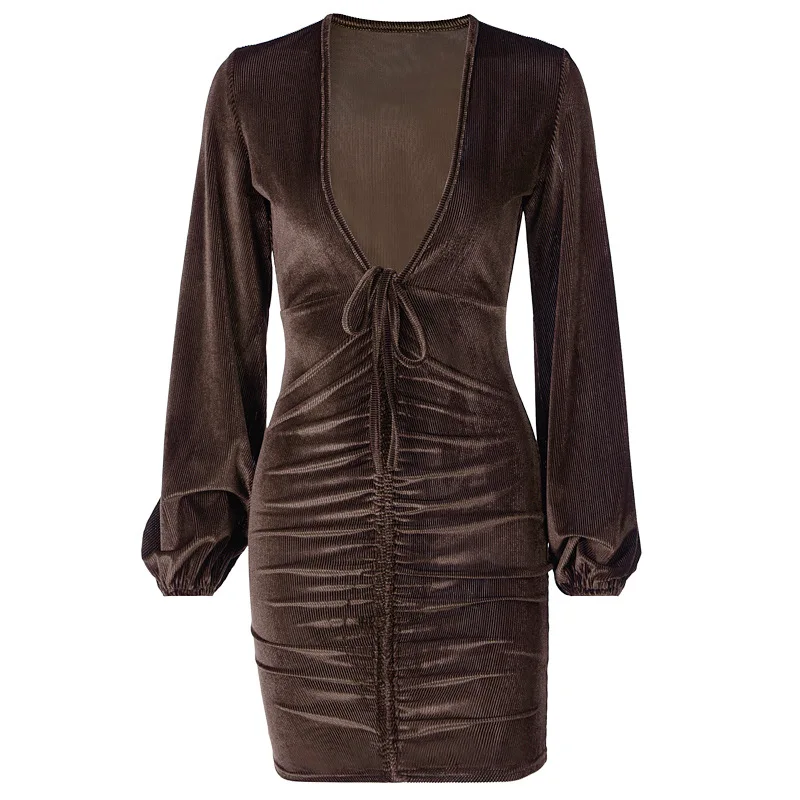 

Adora Graceful Ribbed Smooth Women Dress Mini Brown Dark Sexy V Neck Long Garment Sleeve Women's Bandage Dresses Skinny