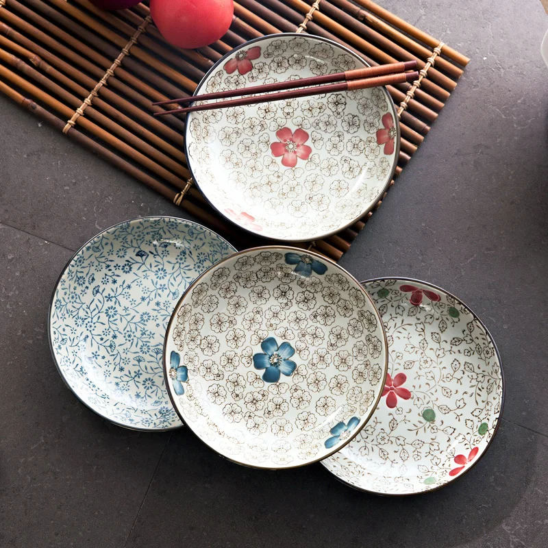 Керамическая тарелка в японском стиле с цветочным узором фруктовая салатная