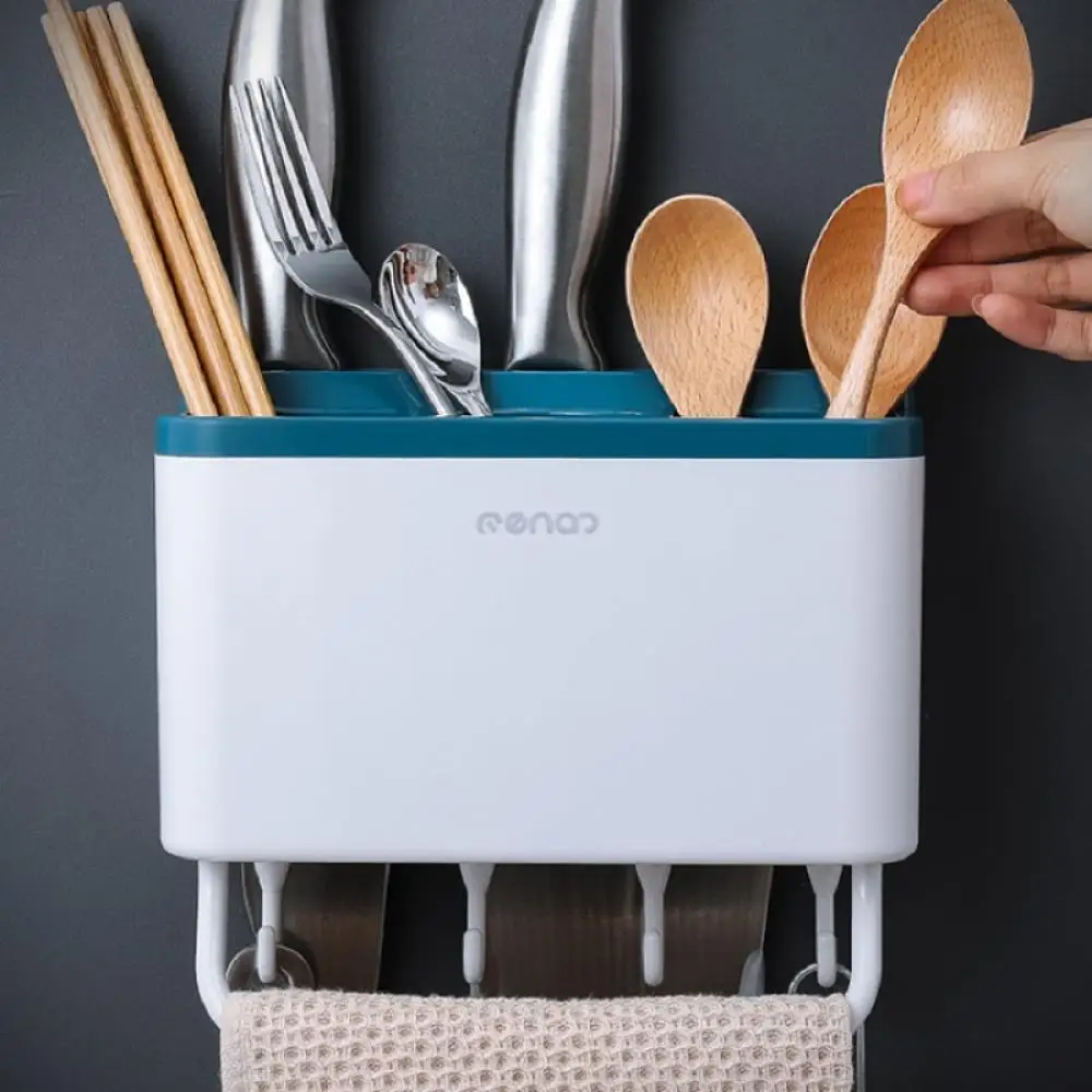 

1Pc Wall Mounted Drain Holder with 4 Hooks Multifunction Spoons Chopsticks Tube Tableware Sundries Kitchen Supplies Storage Rack