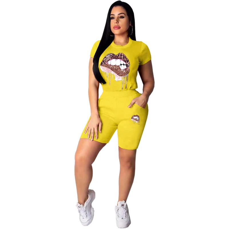 

Women Tracksuit Two Piece Set Summer Clothes Sexy Lip Print Short Sleeve Top T Shirt + Shorts Suit Jogging Outfits Matching Sets