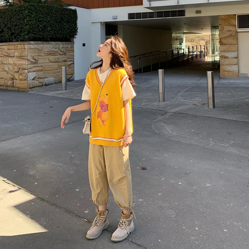 Женский пуловер без рукавов Осень 2019 корейский стиль каваи мультфильм Винни Пух