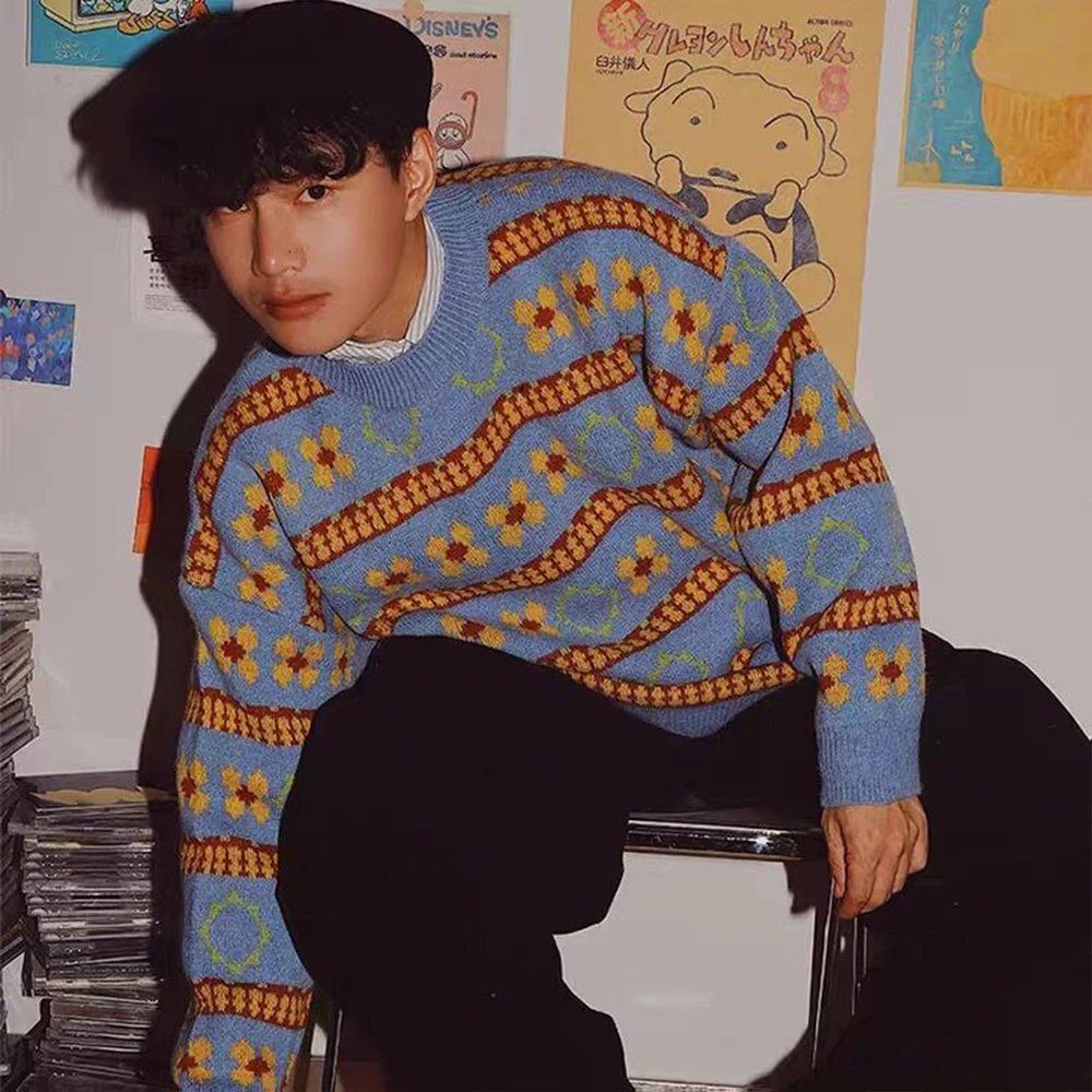 

Flowers Print Color Block Men Women Hip Hop Sweater Pullovers Knitted Harajuku Streetwear Cotton O-Collar 2021