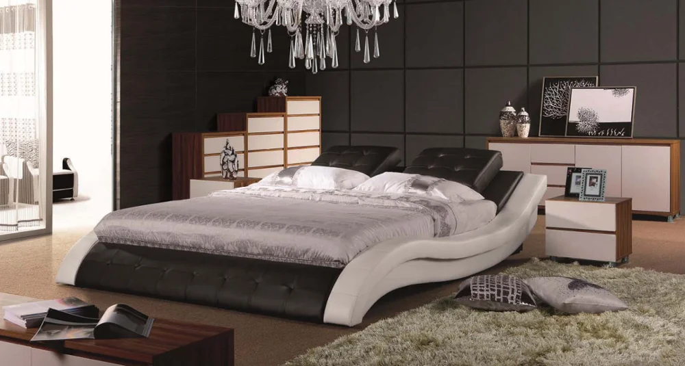 New arrival 2020 Modern design bedroom sets LED lighting white color real leather bed | Beds