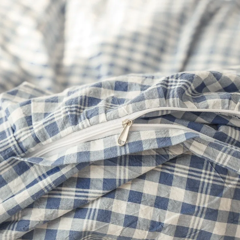 

100% Washed Cotton Duvet Cover Set 4Pcs Luxury Soft Bedding Set with Buttons Closure. Ruffles Plaid Duvet Cover Bed Sheet set