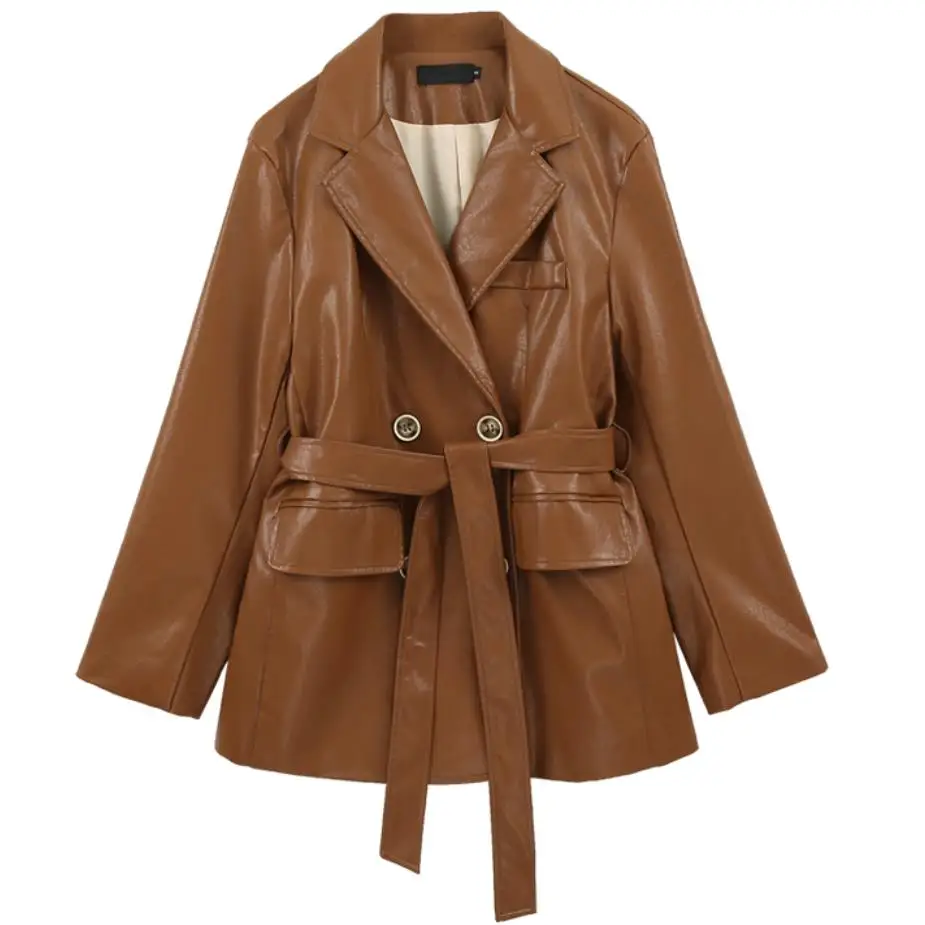 

Женское модное коричневое Элегантное повседневное двубортное платье из искусственной кожи