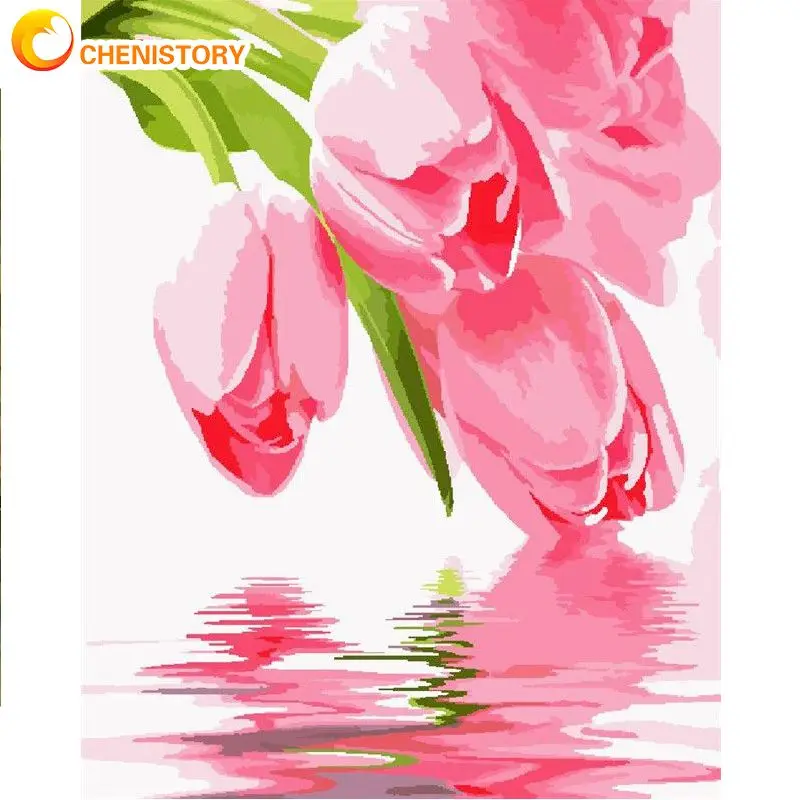 

CHENISTORY Pink Flower In Water Painting By Numbers Kits For Adults Children 60x75cm Framed On Canvas Modern Home Decorations