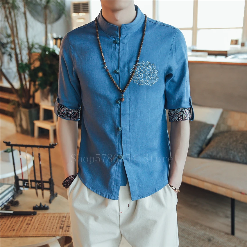 Мужские хлопковые льняные рубашки традиционная китайская одежда с вышивкой для