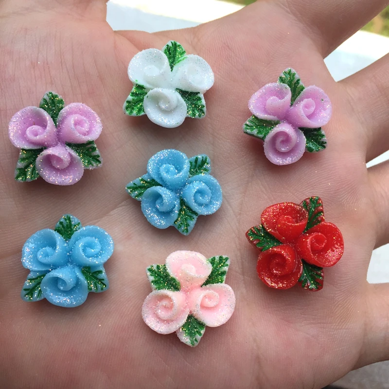 Кавайный цветок из смолы 20 шт. мм с блестящей пудрой Стразы плоским основанием