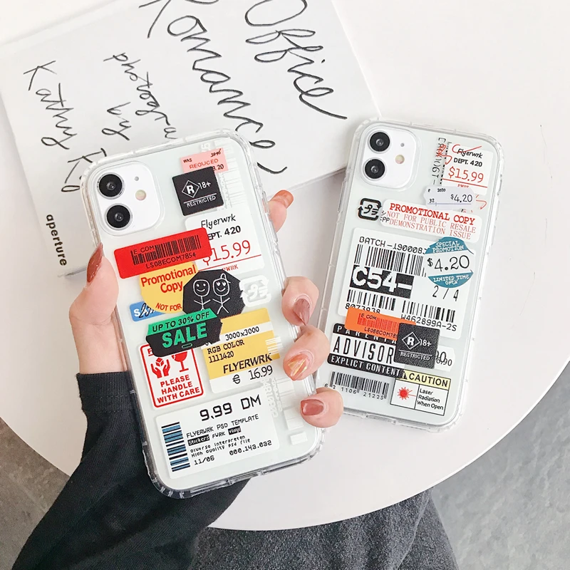 cool cute color clear stamp label barcode case for iphone 13 12 7 8 plus 11 pro max x xs street fashion soft silicon phone cover free global shipping