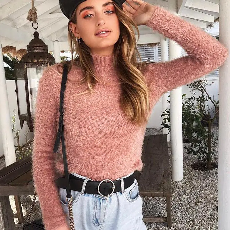 Misswim Orange slim sweater women Elegant solid turtleneck 2019 autumn winter Long sleeve knitted pullovers new | Женская одежда
